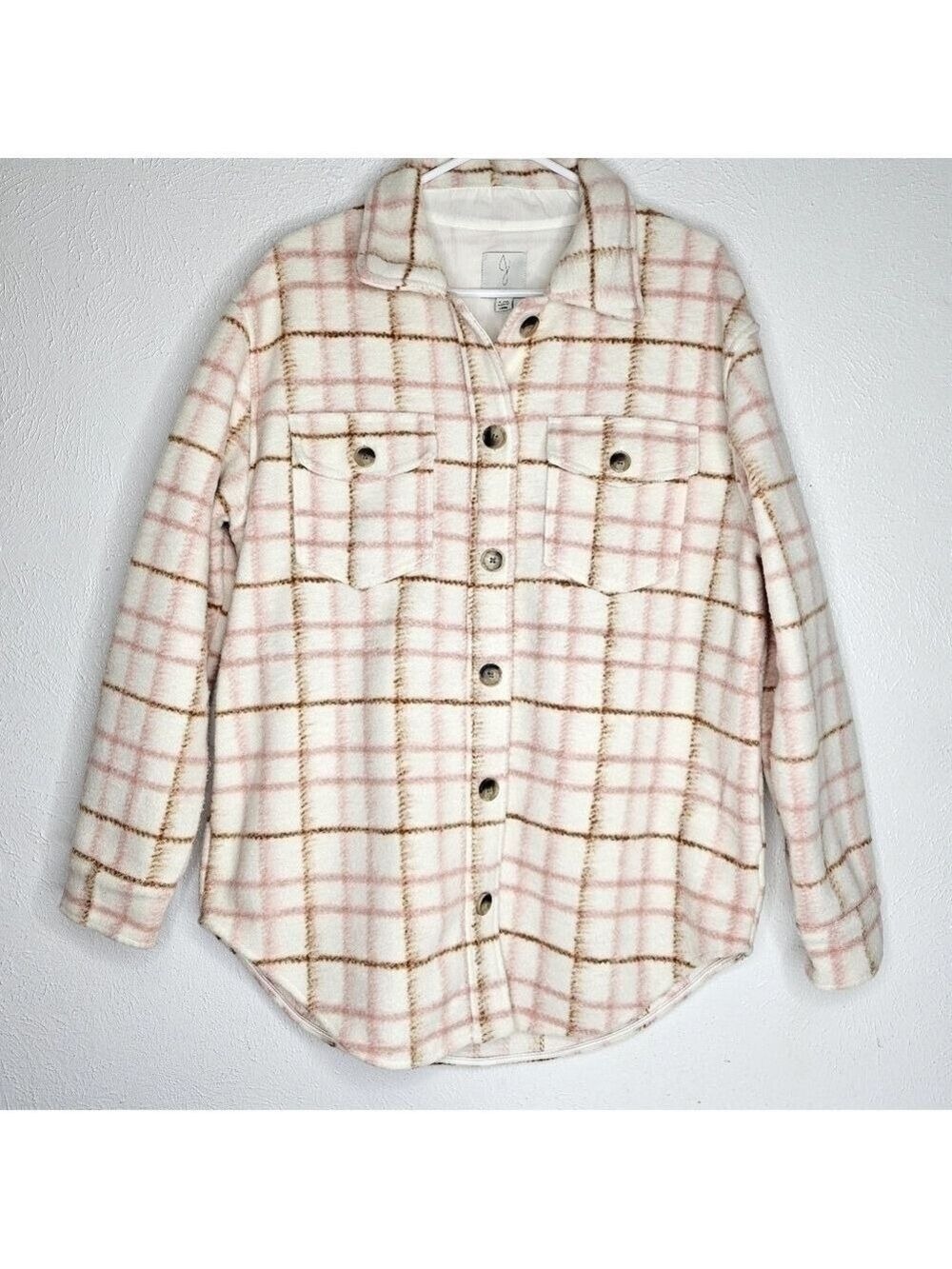 Joie Plaid Boyfriend Shirt Jacket Shacket Pink White Women's Size Large